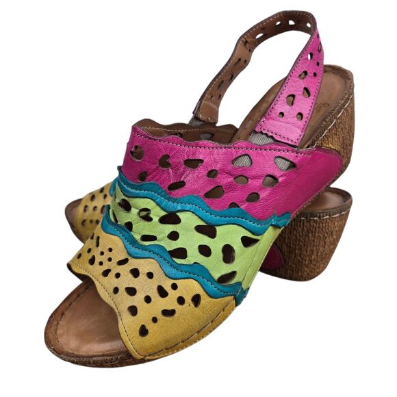 Karyoka Multicolor Cutout Wavy Colorblock Slingback Wedge Sandals 38 US 7.5 - 8 - Picture 1 of 14